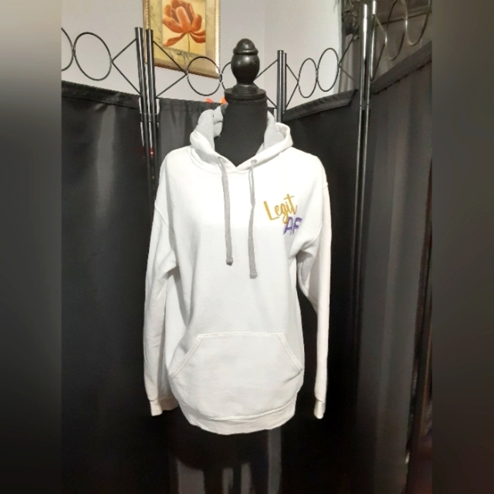 Fruit of the Loom White Hoodie with Gold and Purple Details Logo Size Ladies M